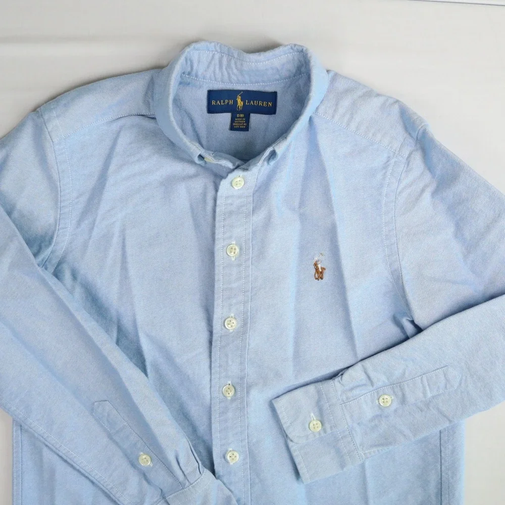 Ralph Lauren Chambray Oxford Button Down Shirt Kids Size S 8 Light Blue LS Pony